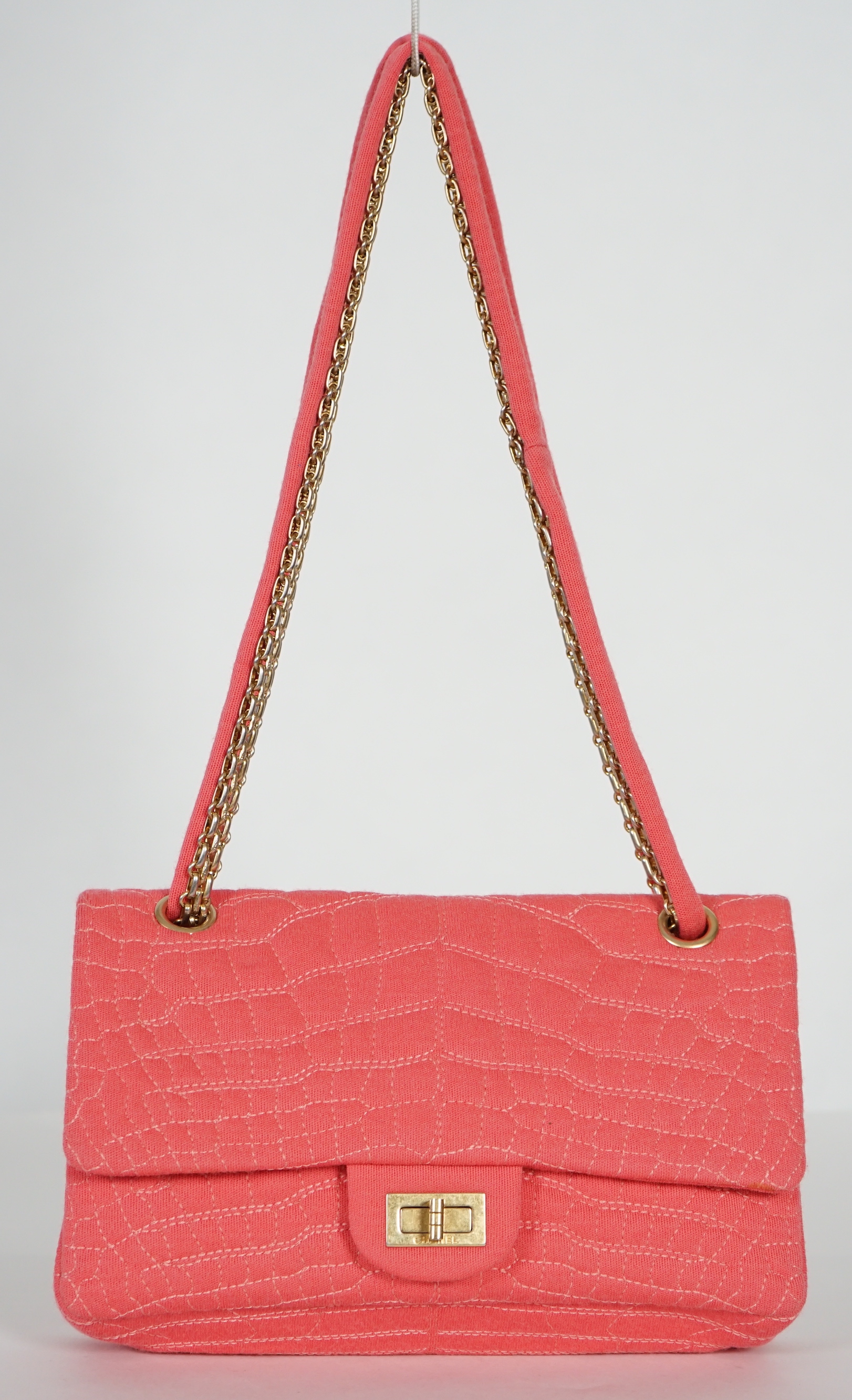 A Chanel coral jersey Croc Reissue 2.55 Classic Flap bag, width 24.5cm, height14cm, depth 3cm